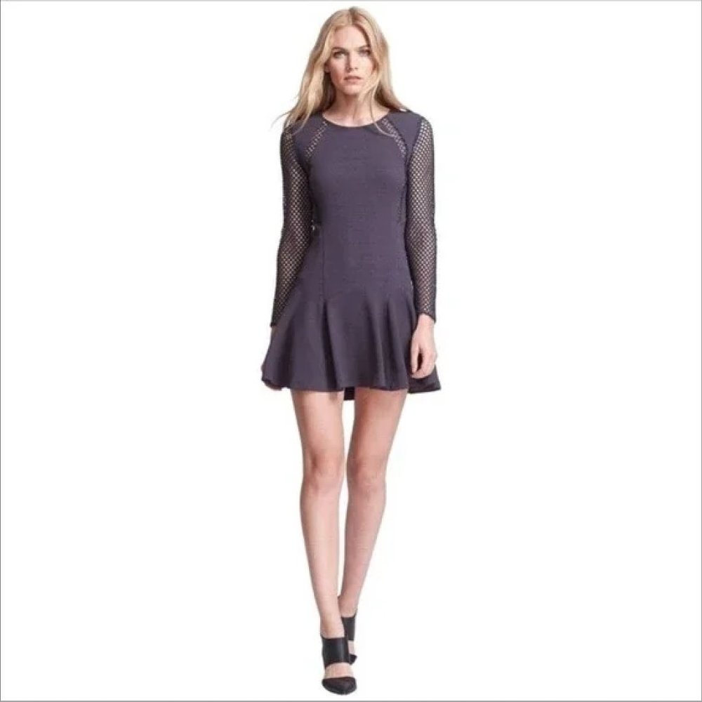 NWT | Rebecca Taylor Mesh-Detail Pleated Dress, Stormy Gray